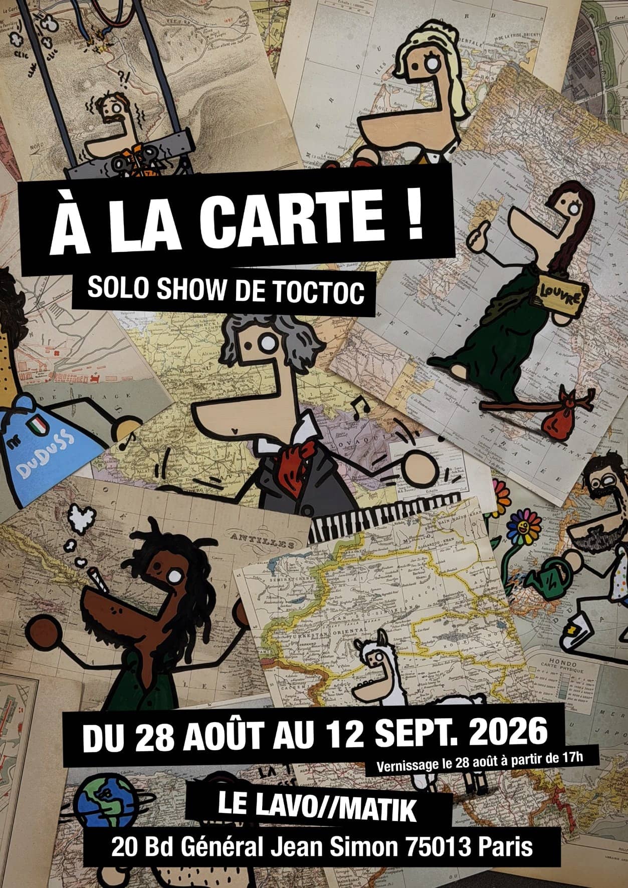 Affiche du solo show À la carte ! de Toctoc, personnages Duduss sur fond de cartes anciennes