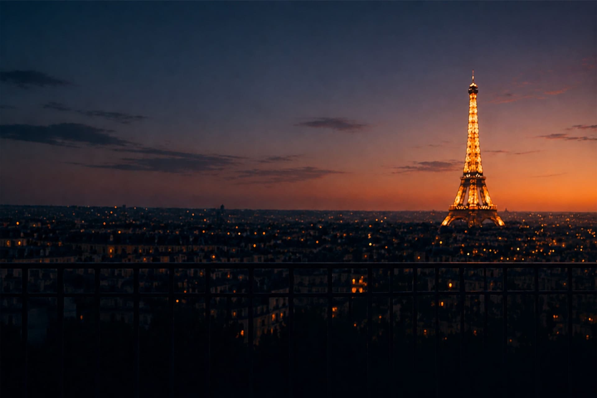Toits de Paris au crépuscule et tour Eiffel illuminée, visuel officiel de la Champagne Week