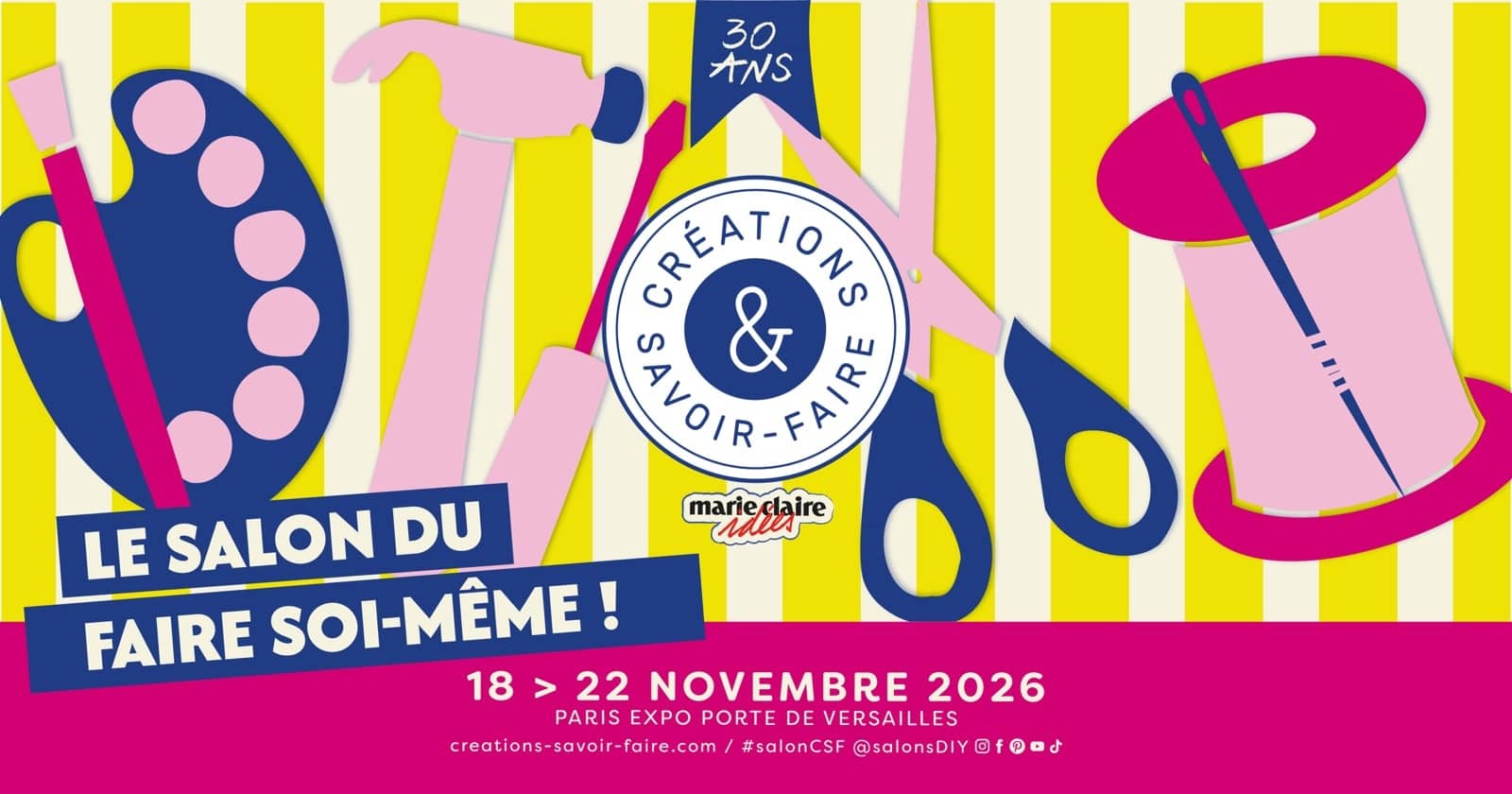 Affiche de Créations & savoir-faire 2026 : bobine, ciseaux, palette et marteau en papier découpé sur rayures jaunes