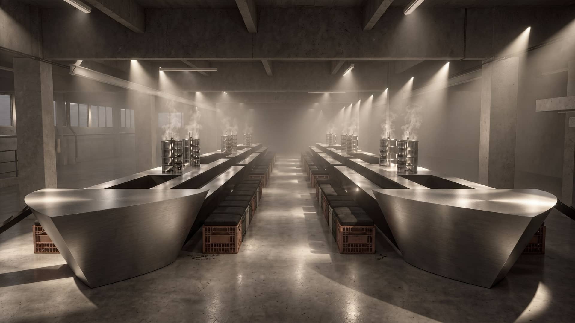 Visuel de Dalad's par We Are Ona : deux longues tables en forme de bateaux d'acier dans une salle sombre