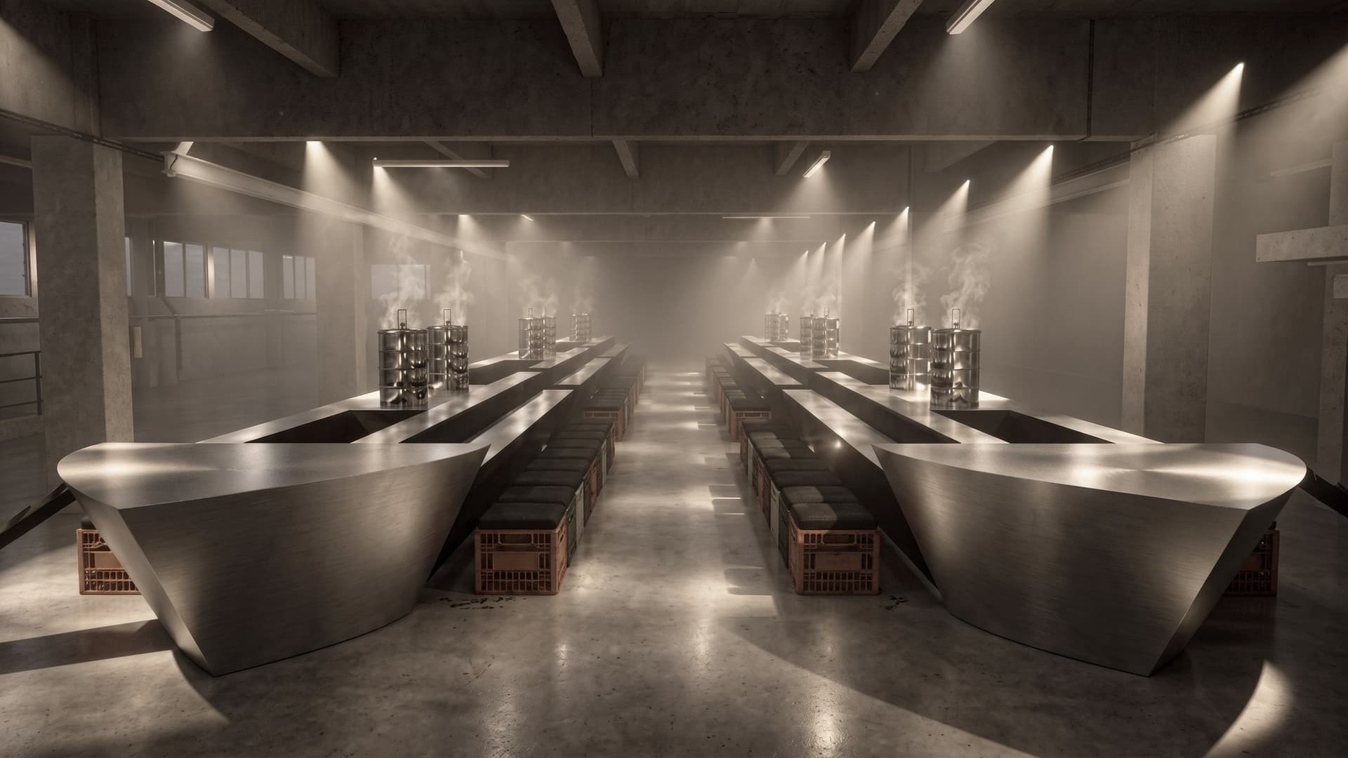 Official visual of Dalad's by We Are Ona: two long boat-shaped steel tables in a dark room