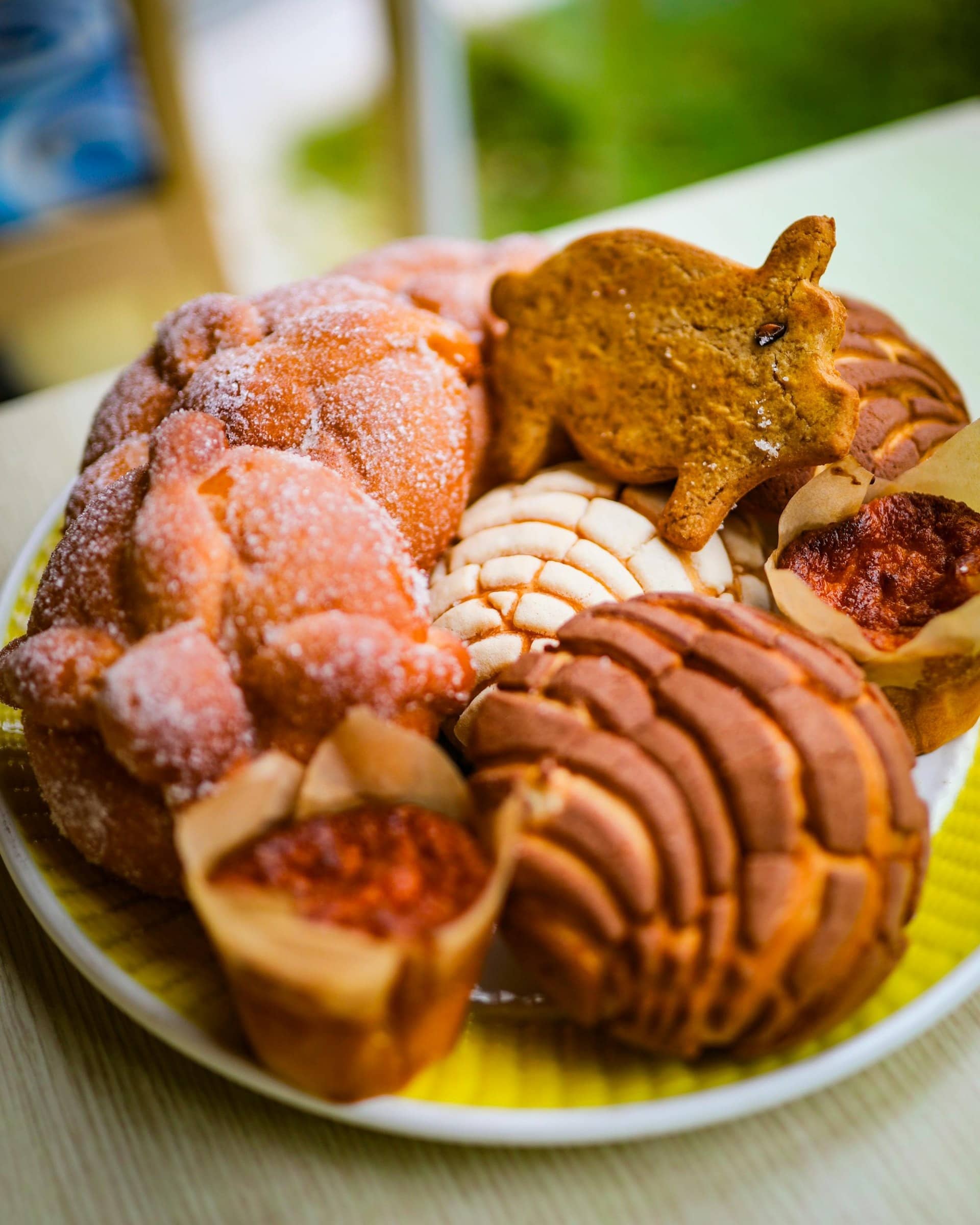 Assiette de pan de muerto et de brioches mexicaines saupoudrées de sucre au Jardin d'Acclimatation
