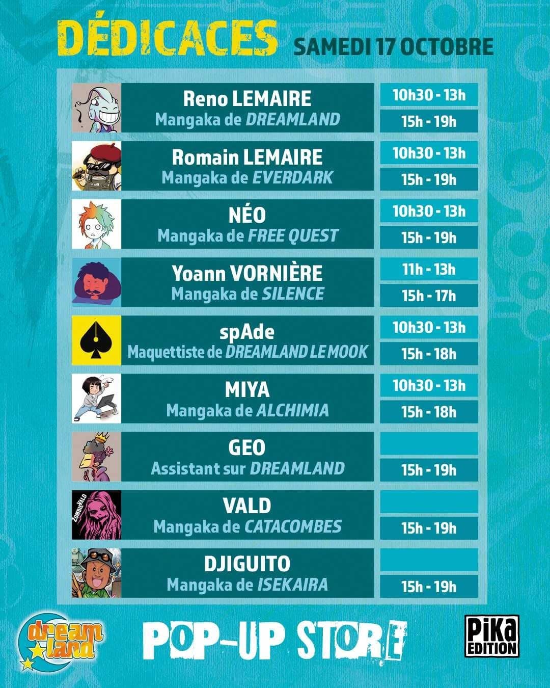 Planning officiel des dédicaces du samedi 17 octobre au pop-up store Dreamland