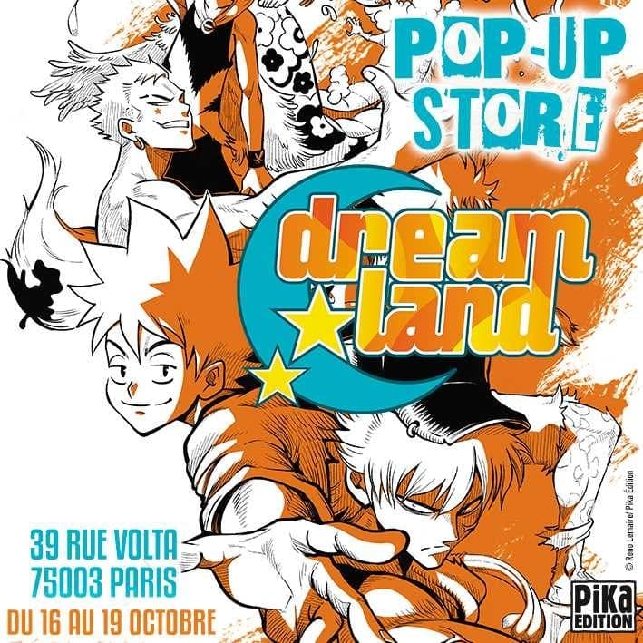 Visuel officiel du pop-up store Dreamland : les héros du manga dessinés en orange et noir