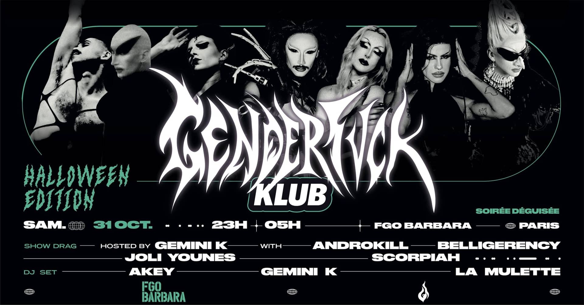 Poster for GenderFvck Klub Halloween Edition with seven drag performers in black and white