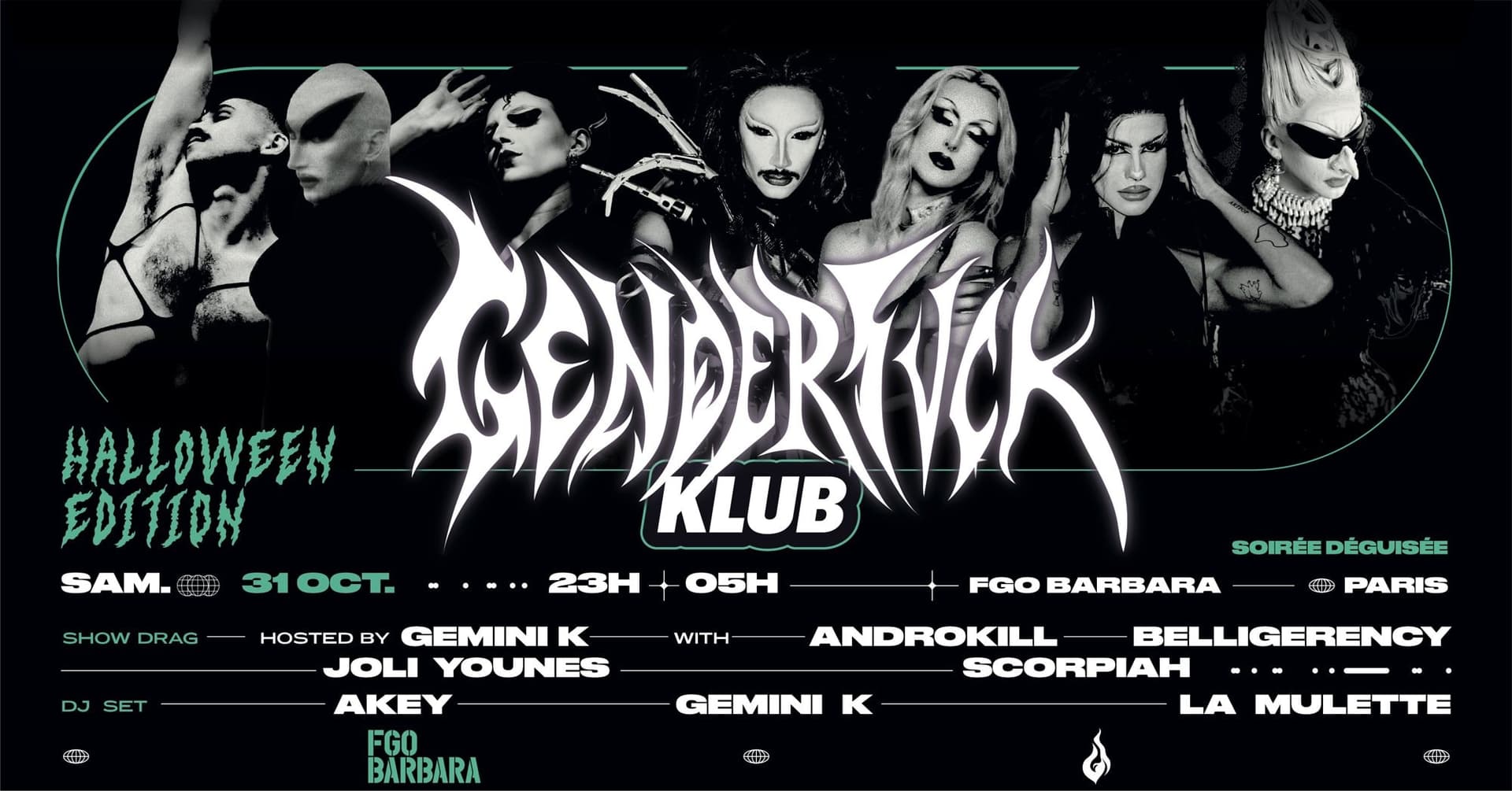 Affiche de la GenderFvck Klub Halloween Edition : sept artistes drag en noir et blanc et le programme de la nuit