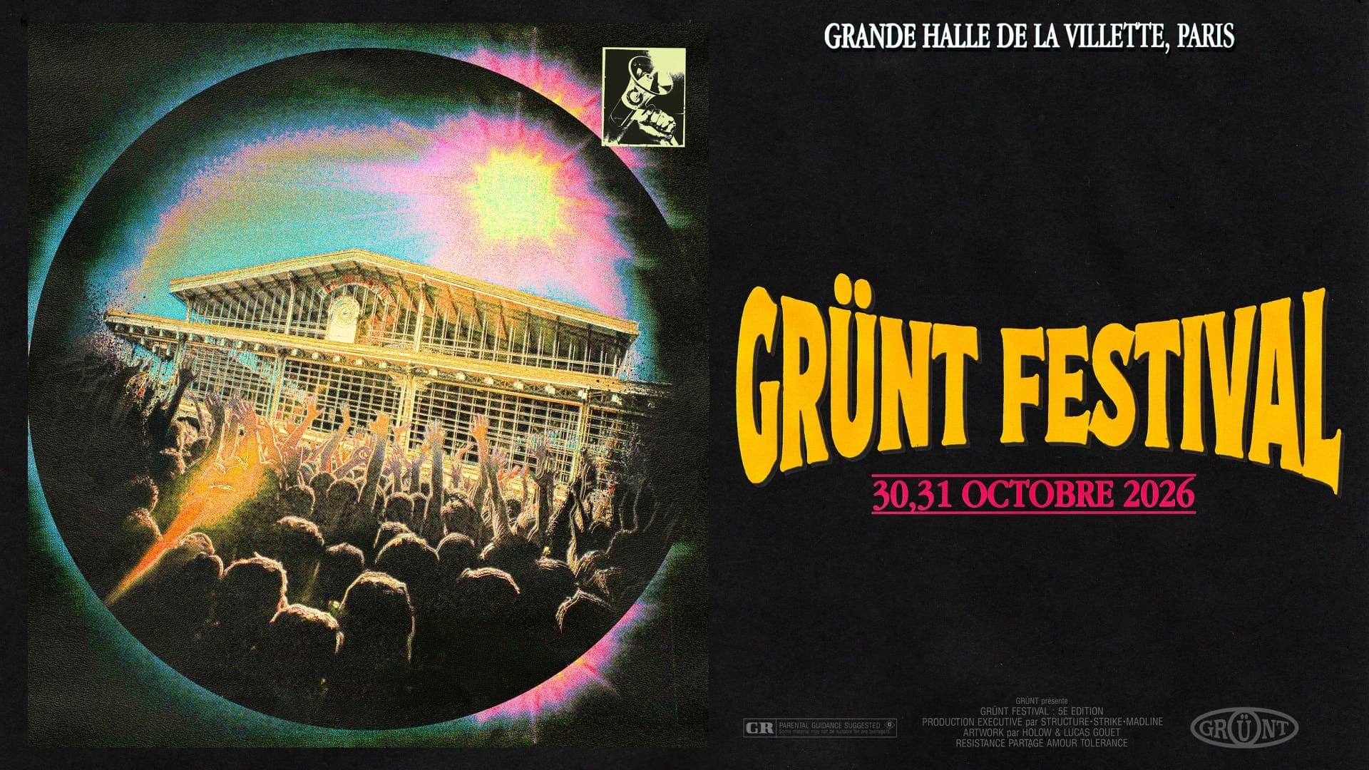 Grünt Festival 2026 poster: the Grande Halle de la Villette and a crowd with raised arms in a coloured halo
