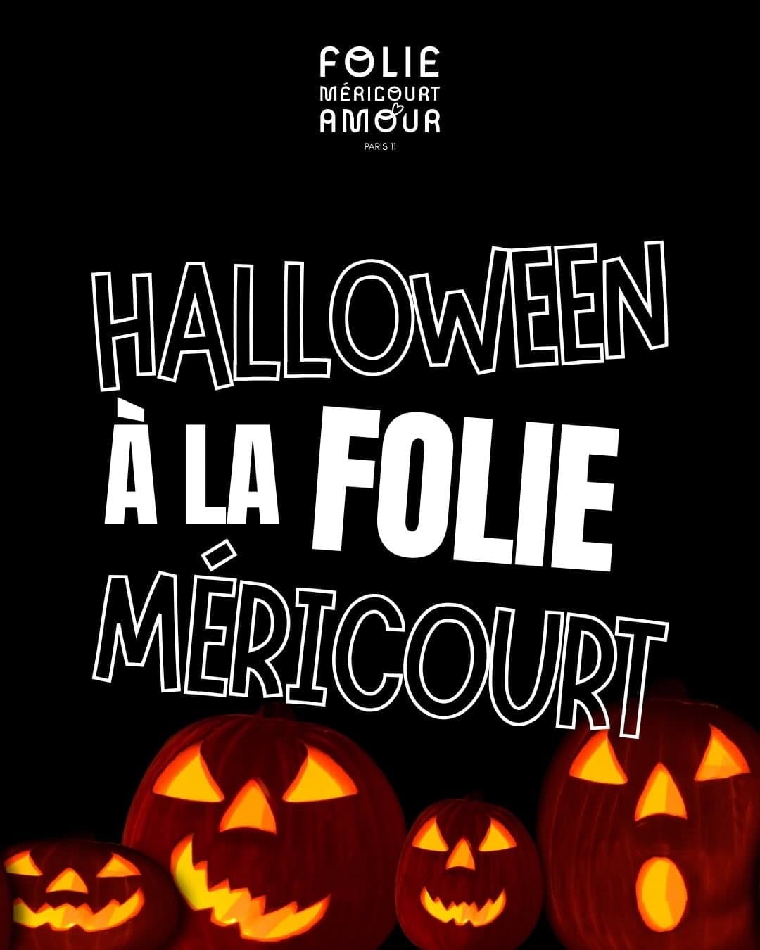 Affiche officielle Halloween à la Folie Méricourt, citrouilles éclairées sur fond noir