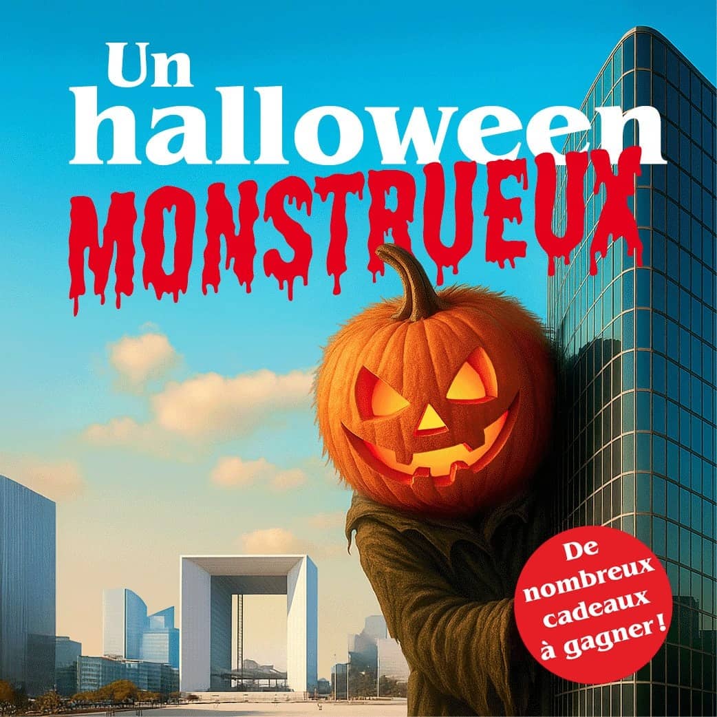 Affiche Un Halloween monstrueux à Paris La Défense, citrouille géante accrochée à une tour