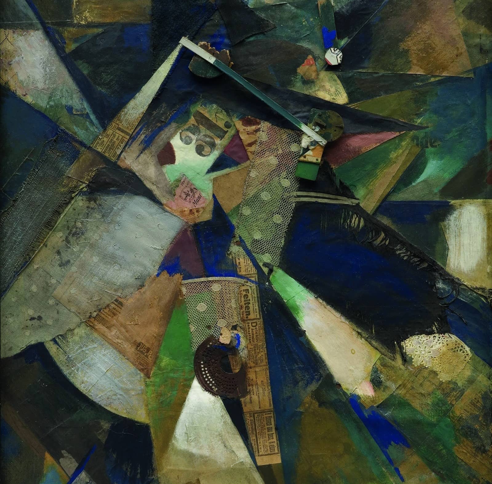 Merzbild Einunddreissig de Kurt Schwitters, collage de papiers, dentelle, bois et tissu aux tons bleus et ocres