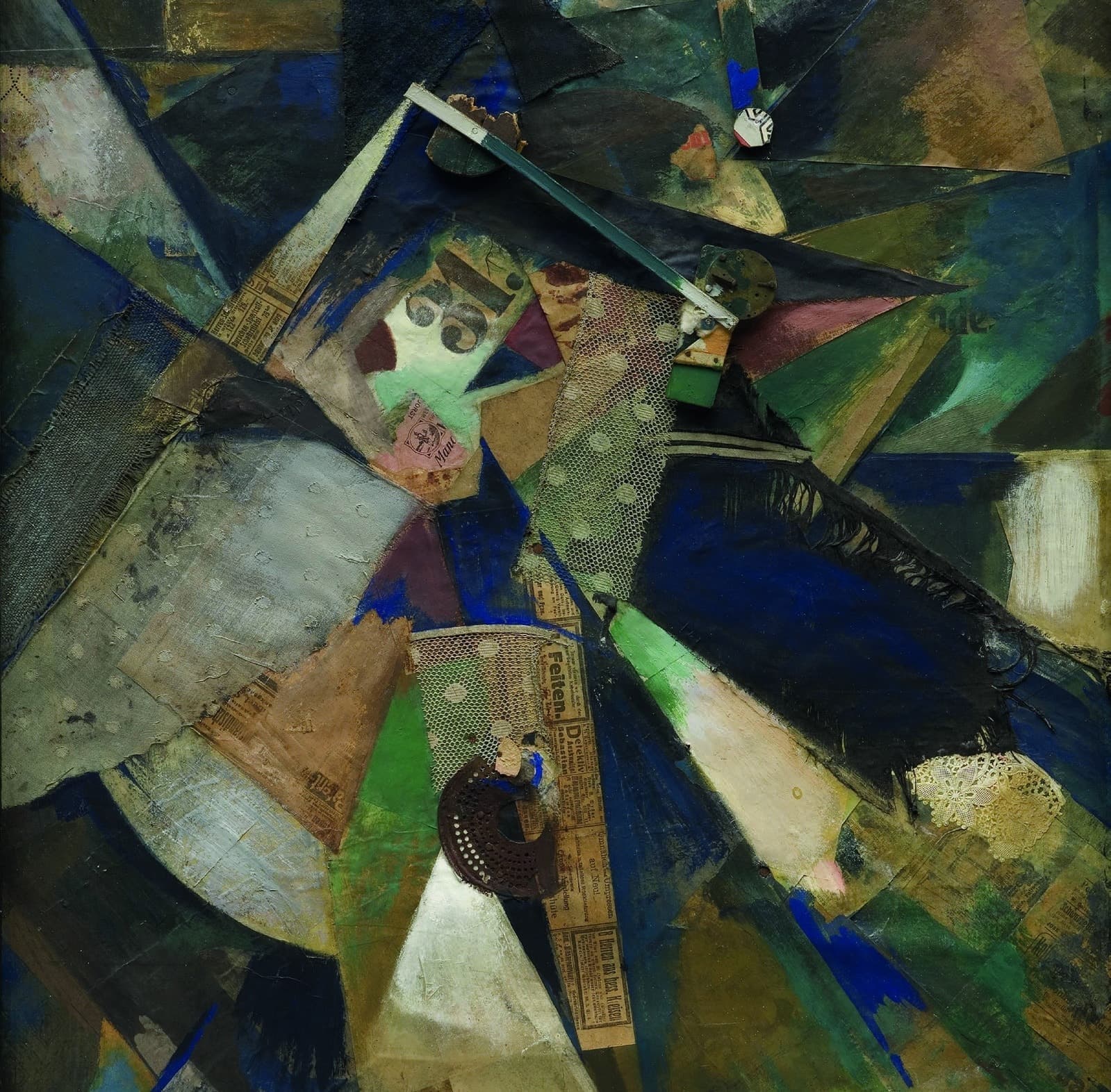 Merzbild Einunddreissig de Kurt Schwitters, collage de papiers, dentelle, bois et tissu aux tons bleus et ocres