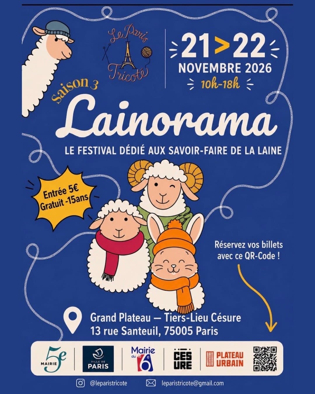 Affiche bleue de Lainorama saison 3, moutons et lama tricotés, festival de la laine les 21 et 22 novembre 2026