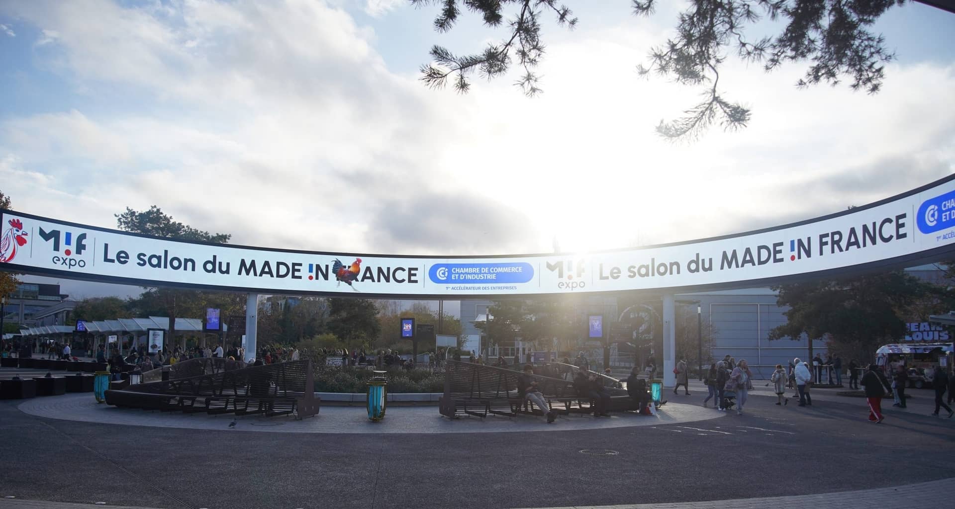 The entrance to the Porte de Versailles exhibition centre under the Made in France fair banner, shot against the light