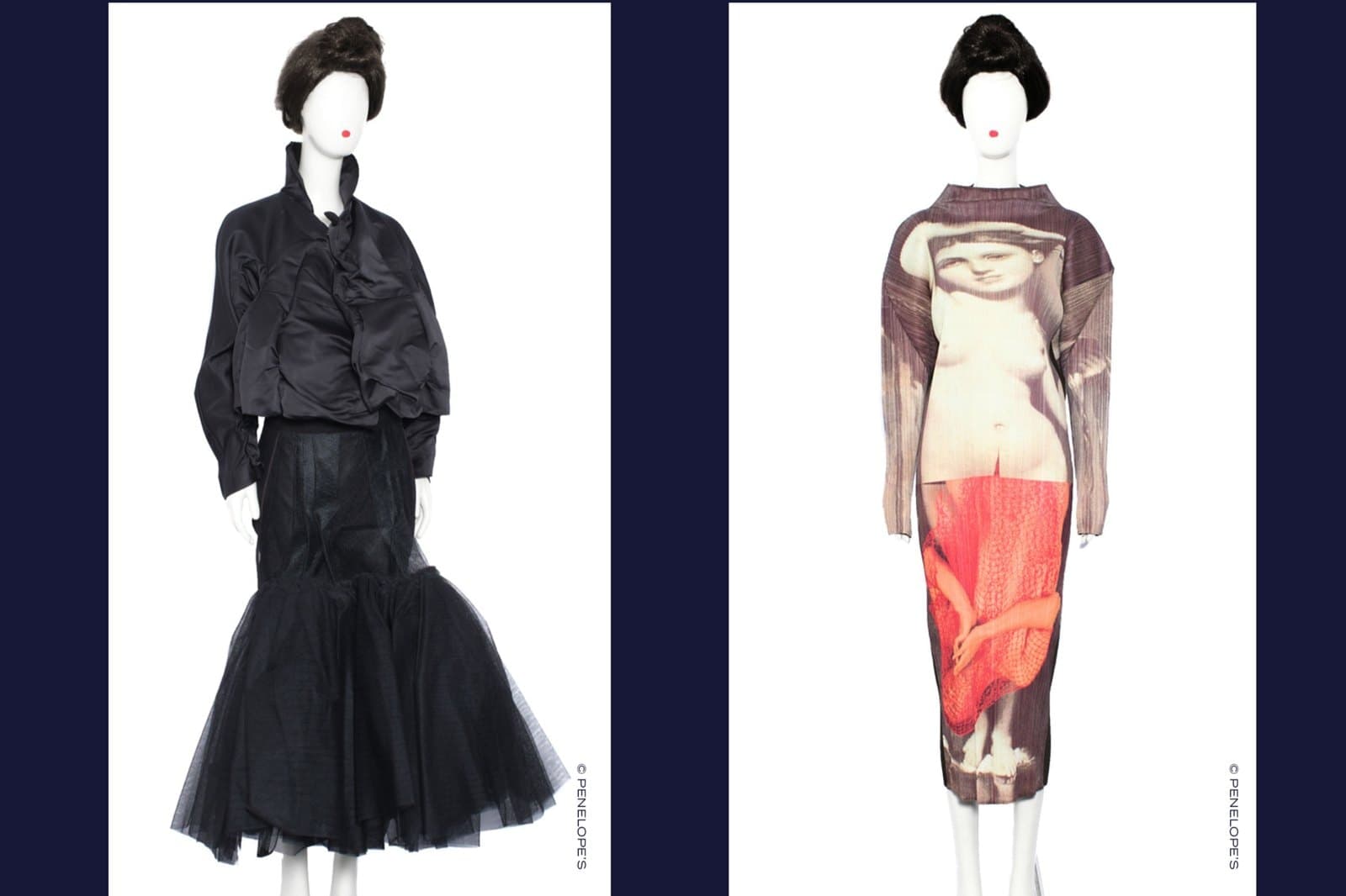 Deux mannequins du catalogue Mode Nippone : une robe noire à jupe de tulle et une robe longue imprimée d'un corps