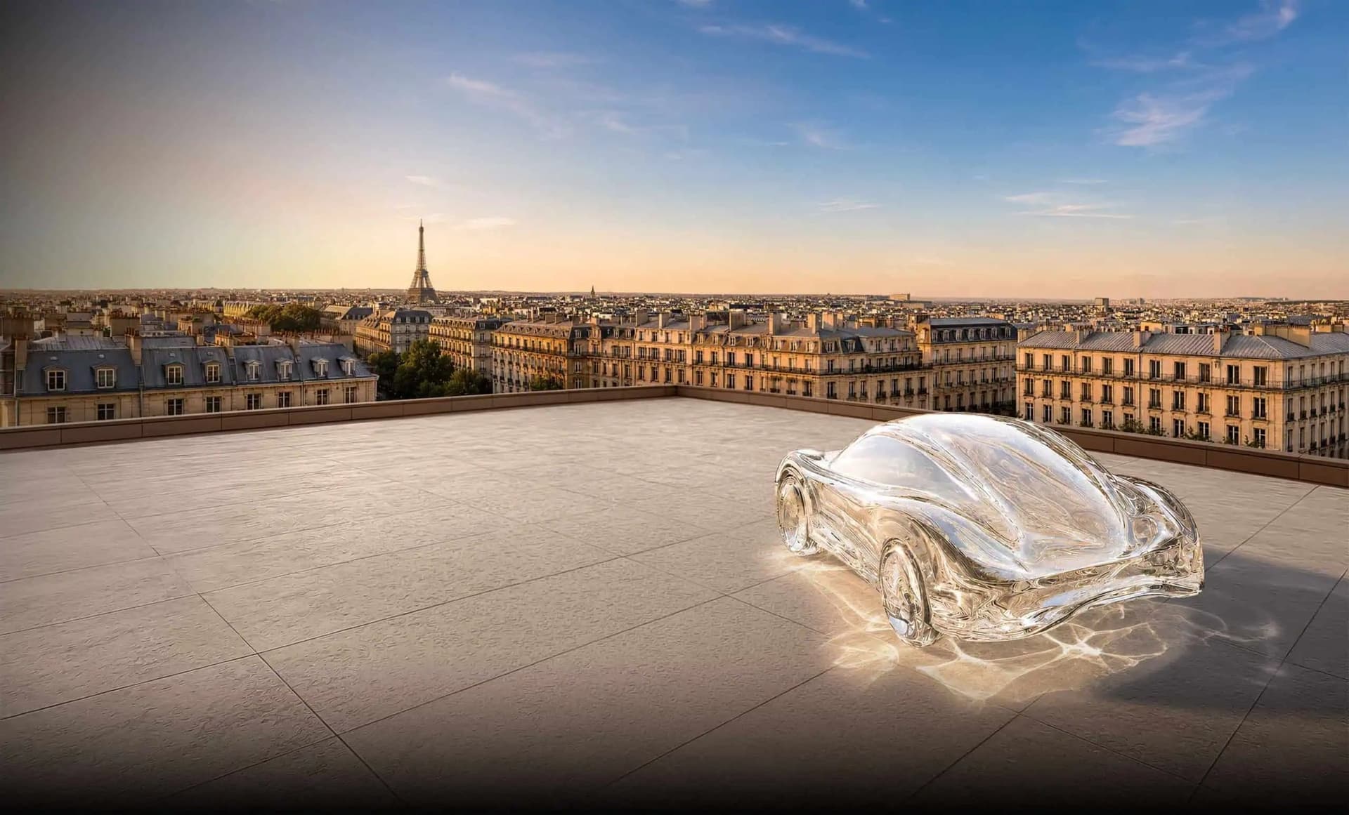 Affiche du Mondial de l'Auto 2026 : une voiture de verre posée sur un toit face à la tour Eiffel