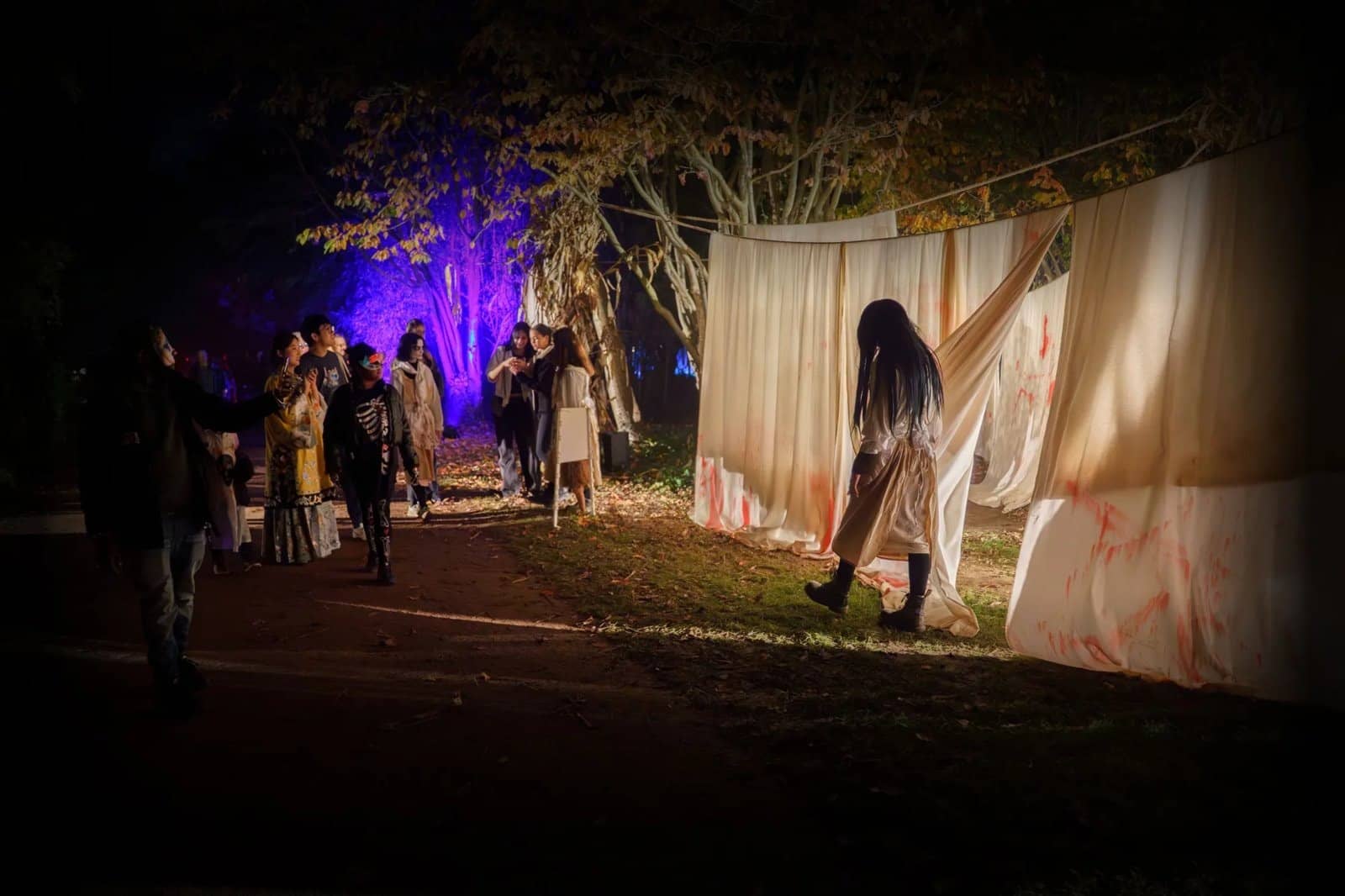 Visiteurs dans une allée brumeuse éclairée en violet, un comédien en robe blanche derrière des draps suspendus