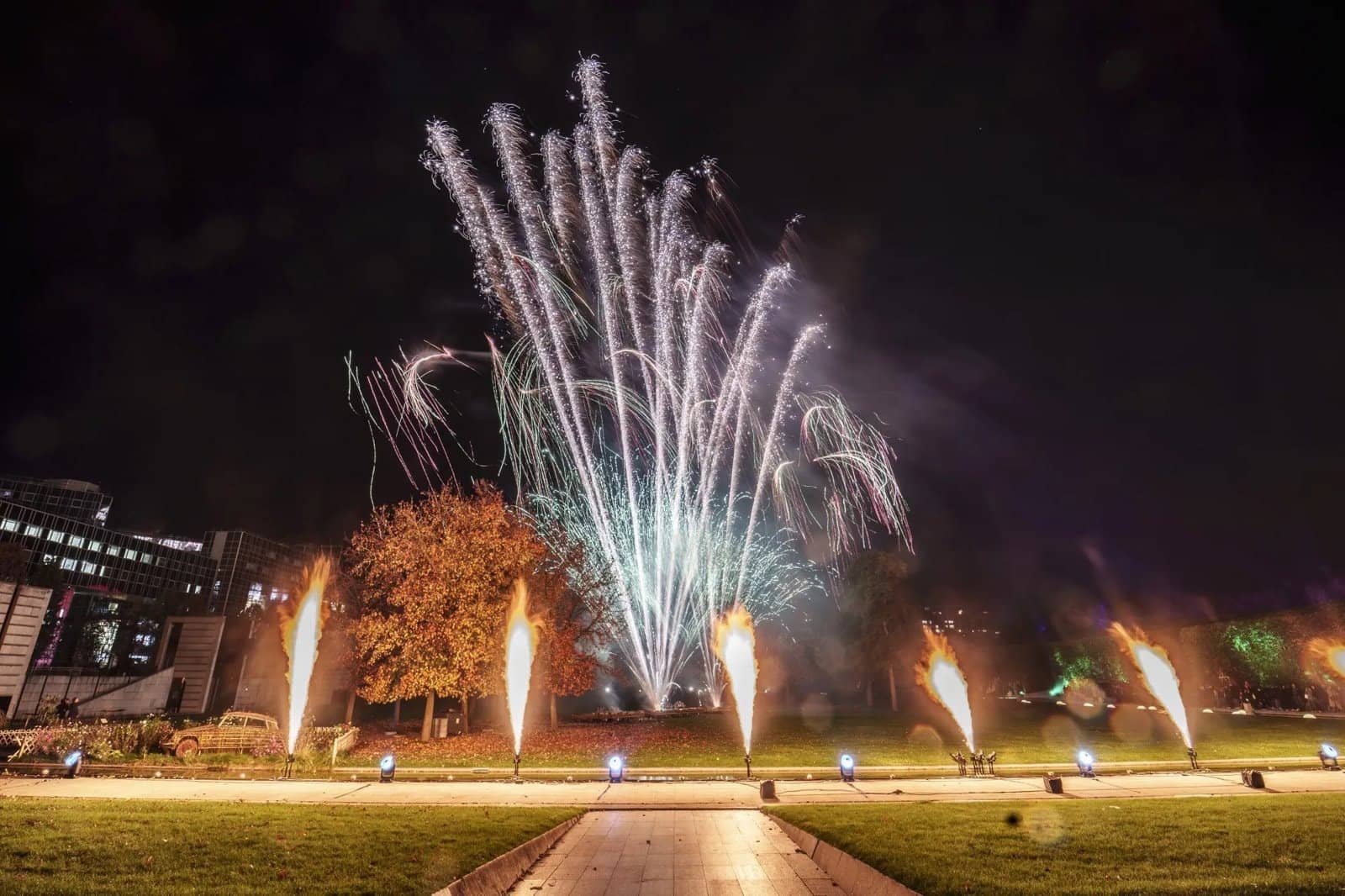 Feu d'artifice au-dessus de la grande pelouse du parc André Citroën pendant le Parc de l'Étrange