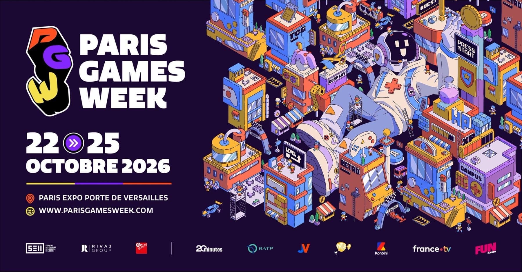 Affiche de la Paris Games Week 2026 : un robot géant assis au milieu d'une ville de jeux vidéo