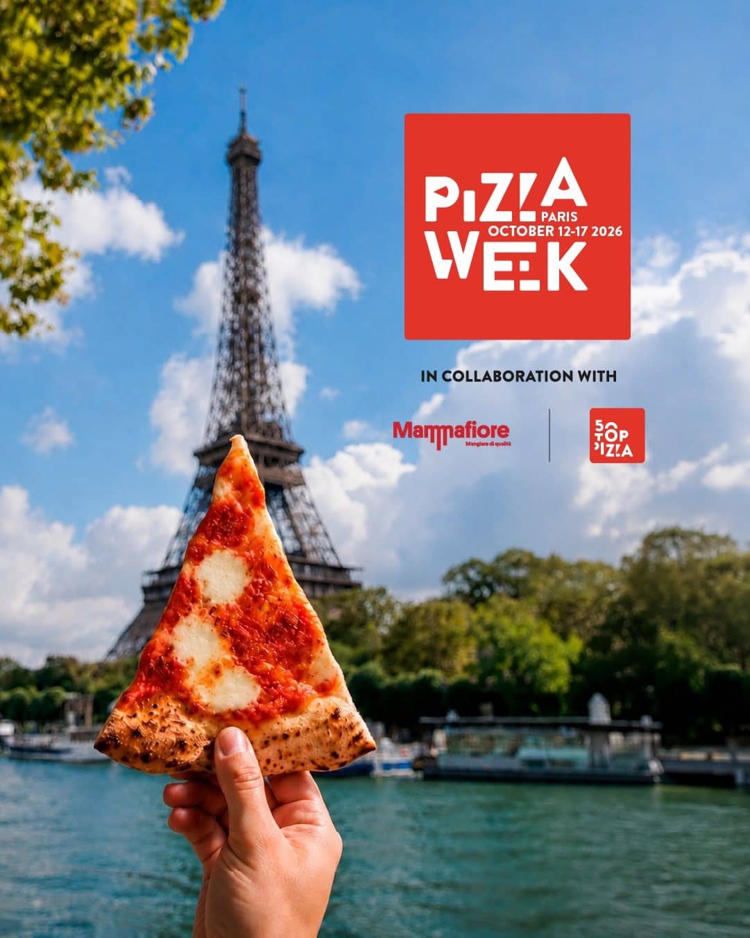 Hand holding a slice of margherita pizza in front of the Eiffel Tower and the Seine