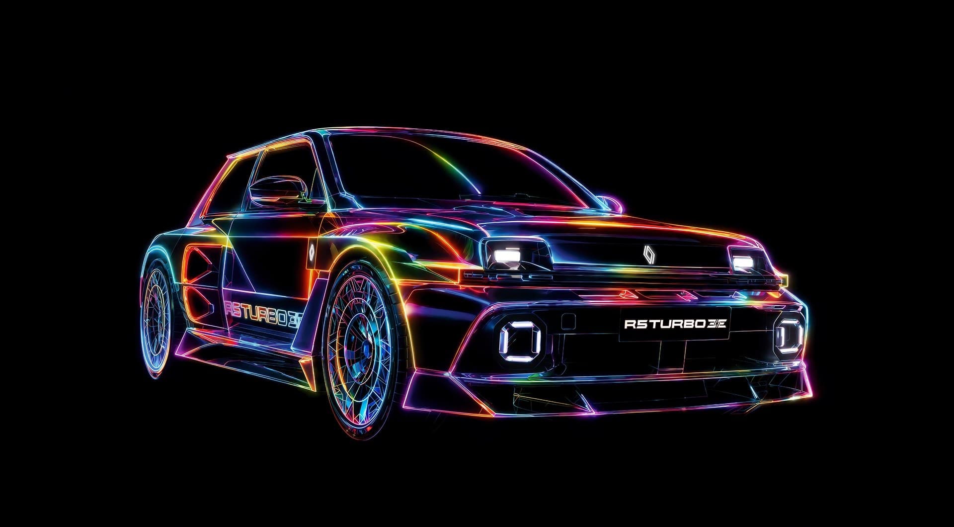 Visuel de pop art car 2.0 : une Renault 5 Turbo 3E dessinée en lignes de néon multicolores sur fond noir