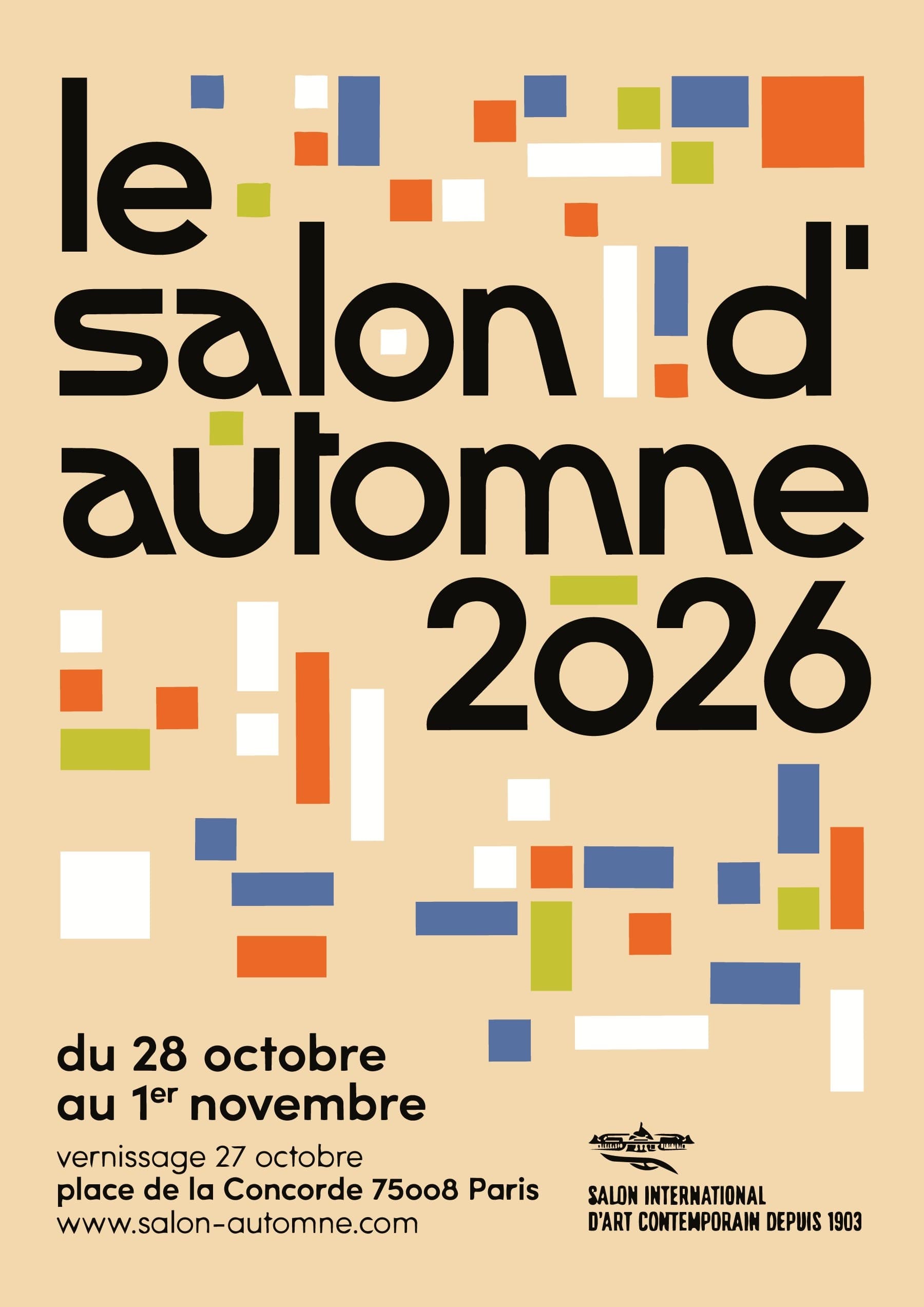 Affiche du Salon d'Automne 2026, carrés de couleur sur fond crème, du 28 octobre au 1er novembre place de la Concorde
