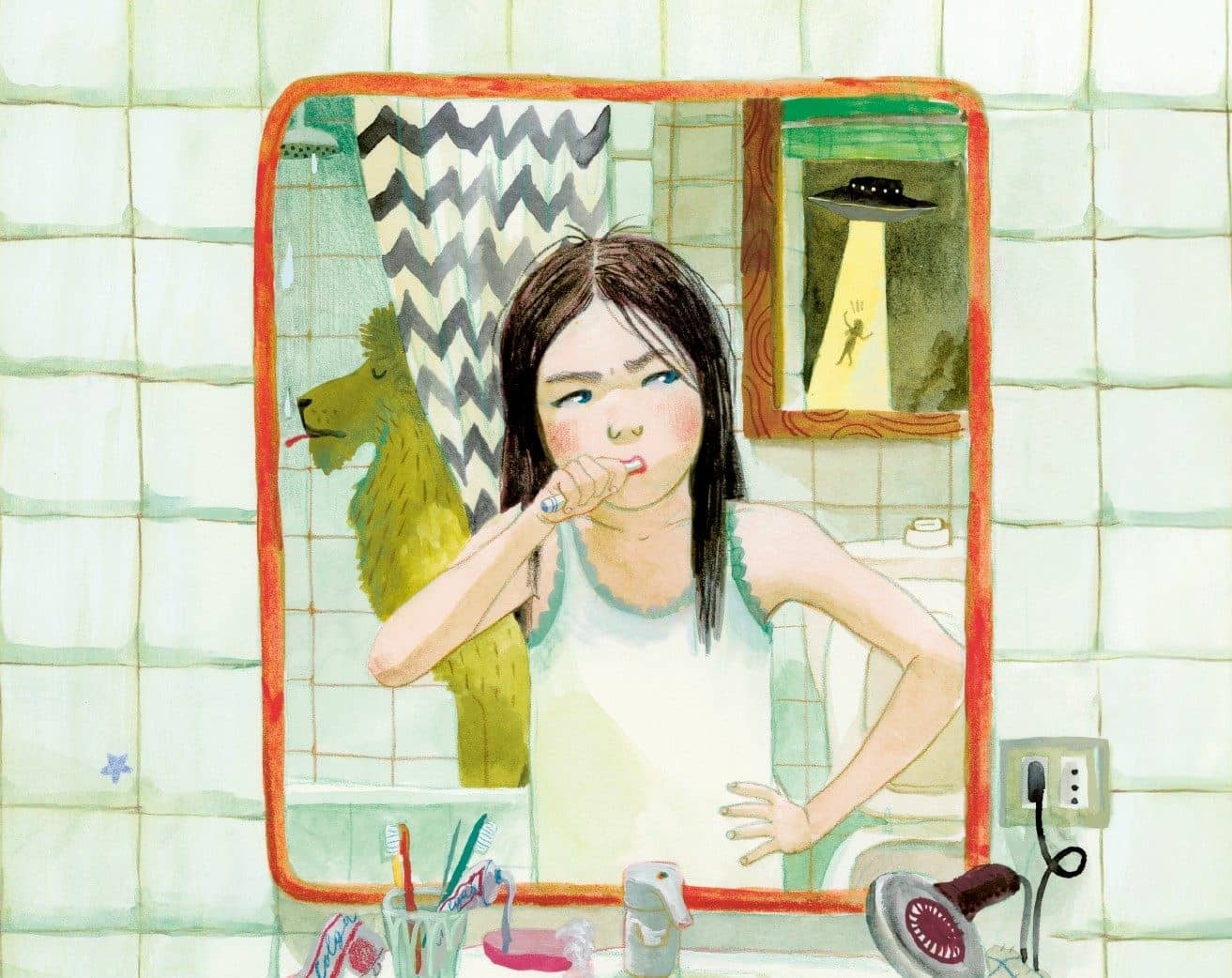 Illustration du 42e Salon : une fillette se brosse les dents devant un miroir, une soucoupe volante derrière elle