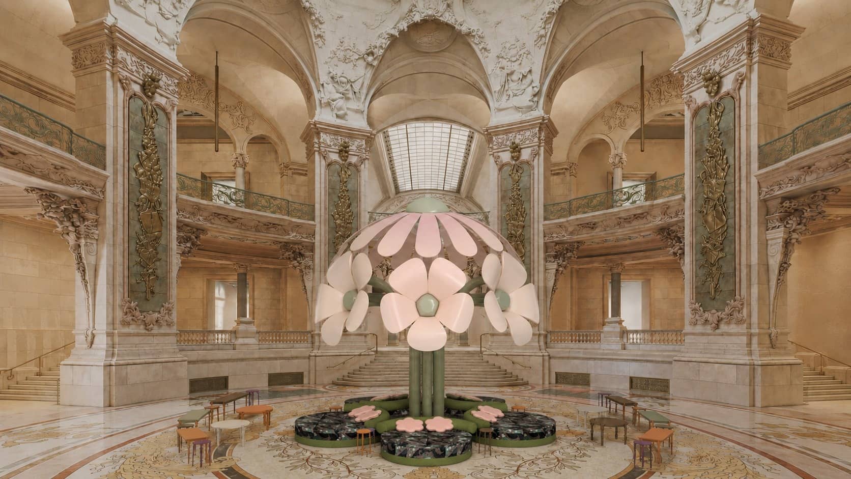 Fleur géante rose et verte installée sous la coupole de la Rotonde du Palais d'Antin