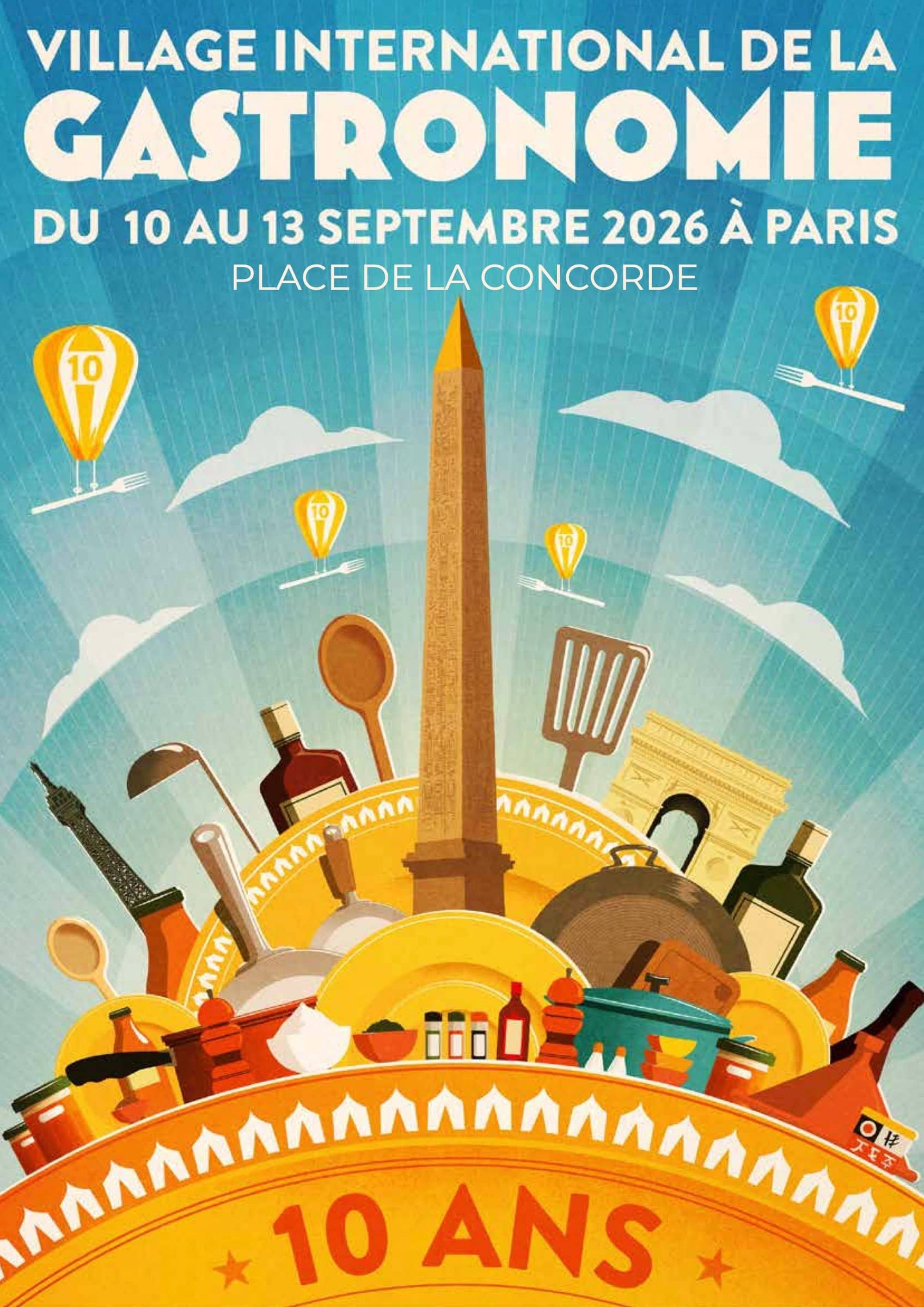 Affiche illustrée du Village international de la Gastronomie, obélisque de la Concorde et ustensiles