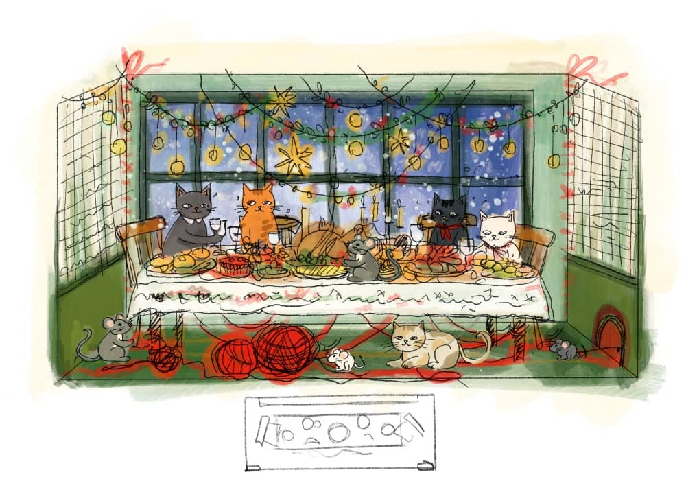 Dessin préparatoire d'une vitrine du Printemps : des chats attablés pour le repas de Noël, pelotes rouges au sol