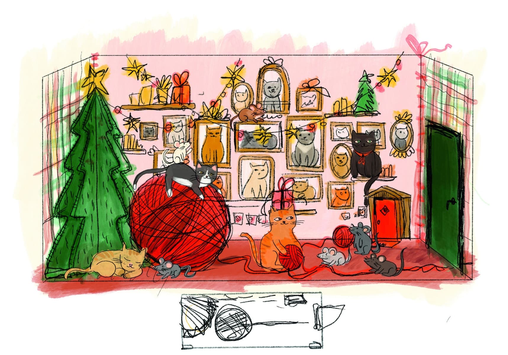 Dessin préparatoire d'une vitrine du Printemps : des chats et des souris jouent avec une pelote rouge géante