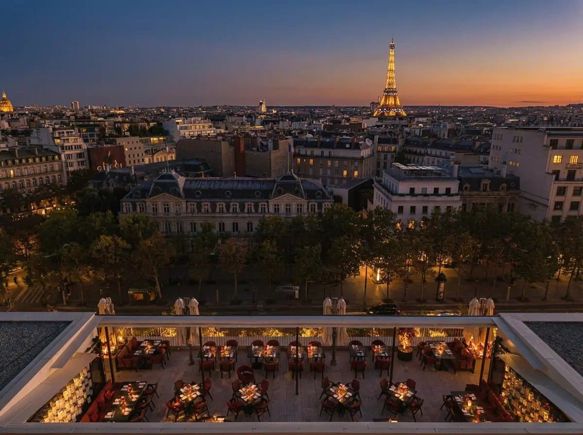 Le rooftop d'Aqua Kyoto sur les Champs-Élysées au crépuscule, tour Eiffel allumée au loin